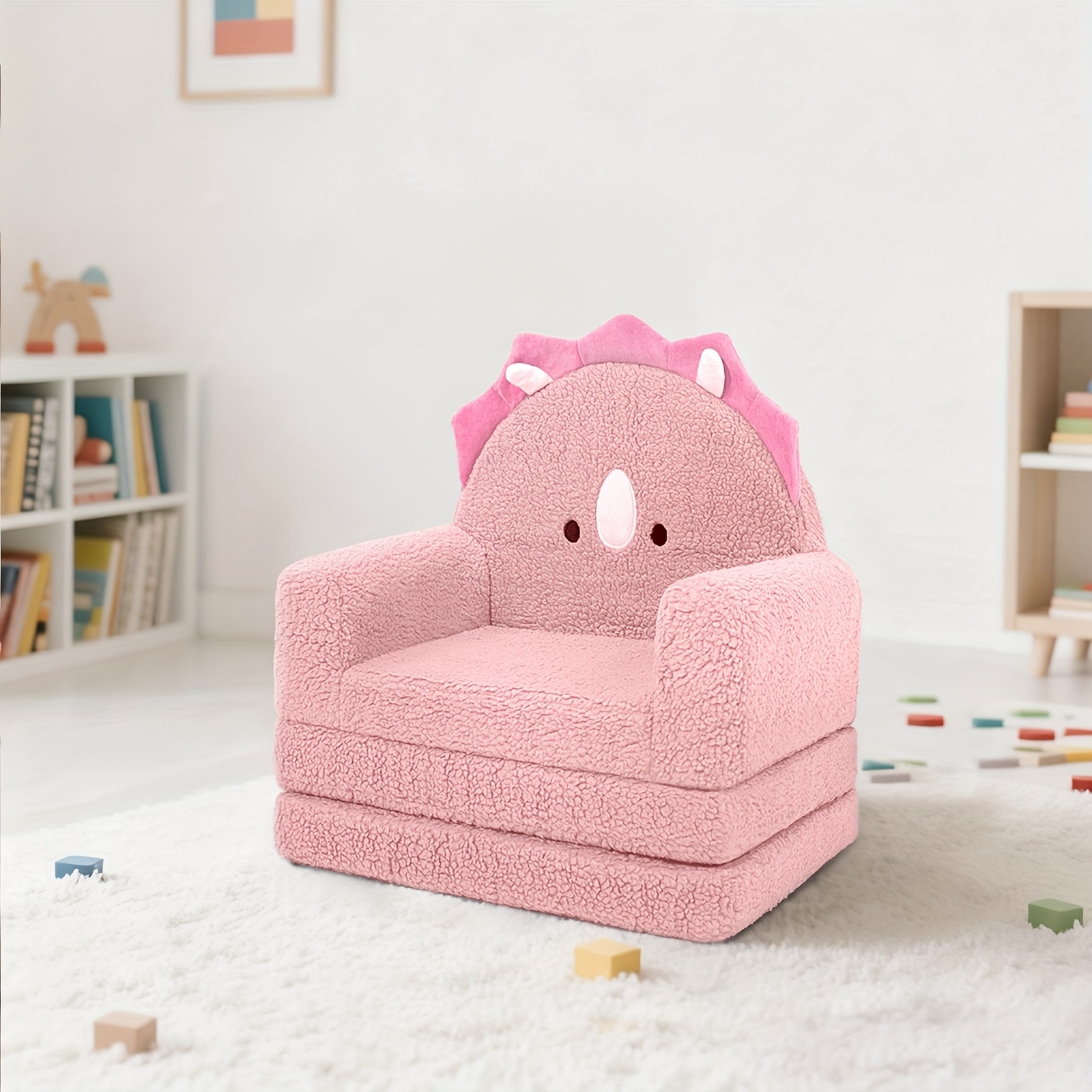 Kids Sofa 2-in-1 Convertible Kids Couch Fold Out Lounger Soft Sherpa Kids Chair High-Density Foam Sofa Cute Brown Bear Playroom Nursery Furniture for Boys Girls Room Decor