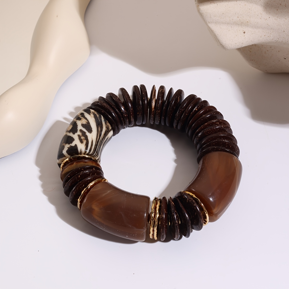 TEMU Bohemian Beaded Bracelet - Vintage Zebra & Leopard Print Stretch Bangle With Earthy Brown Wooden Beads, Stackable Suitable For Daily Wear, Beach