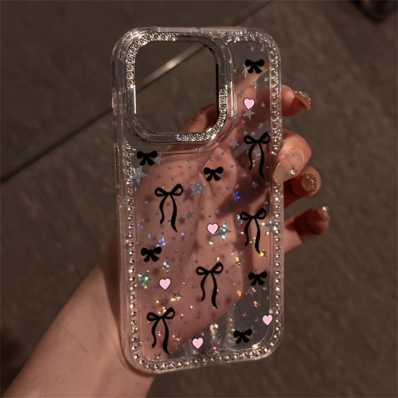 TEMU Phone Case - A Stylish Phone Case Featuring A Black And , With Luxurious Rhinestones And A Transparent Starry Border. Shockproof And Compatible