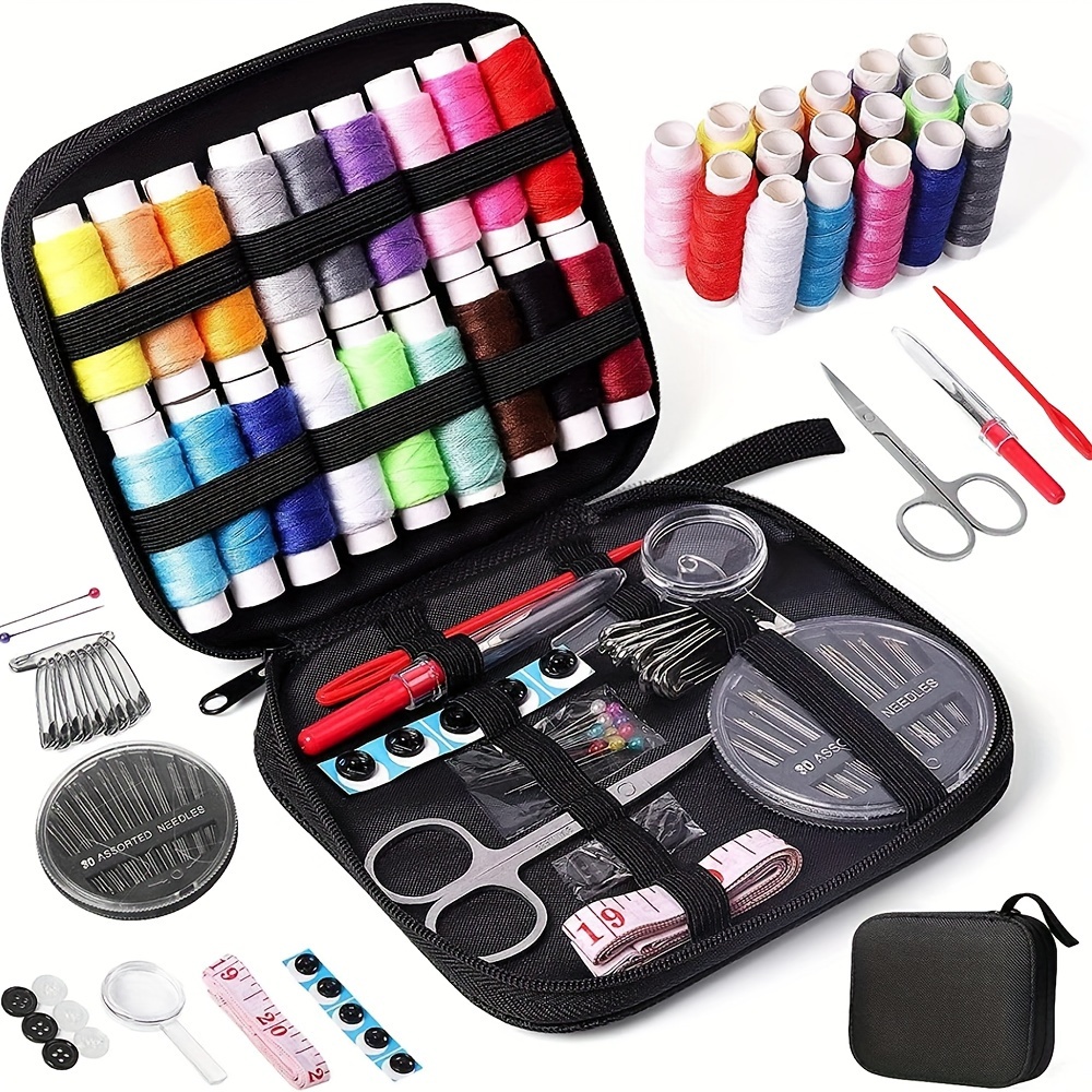 

Portable Sewing Kit With Carrying Case - Complete Needlework Box Set For Home Repairs, Black