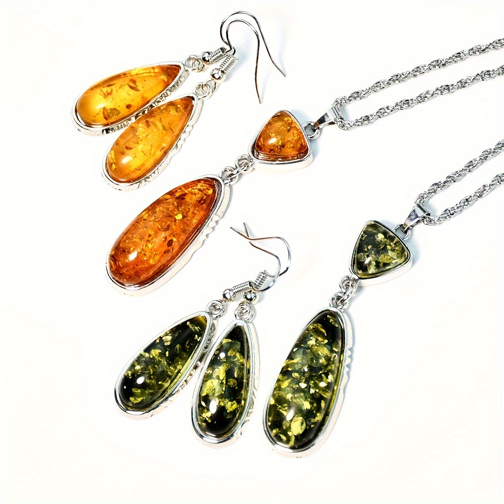 

Vintage Simple Amber Teardrop Pendant Necklace And Earrings Set, Bohemian Women's Geometric Sweater Chain, Natural Stone, Holiday Theme, Gift And Party Jewelry, All-season Wear