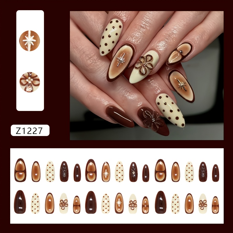 TEMU Suitable For Salons & - Use: Almond-shaped Press-on Nails With 3 Small Floral & Starburst - Glossy Detachable Extensions, , Machine- Weddings,