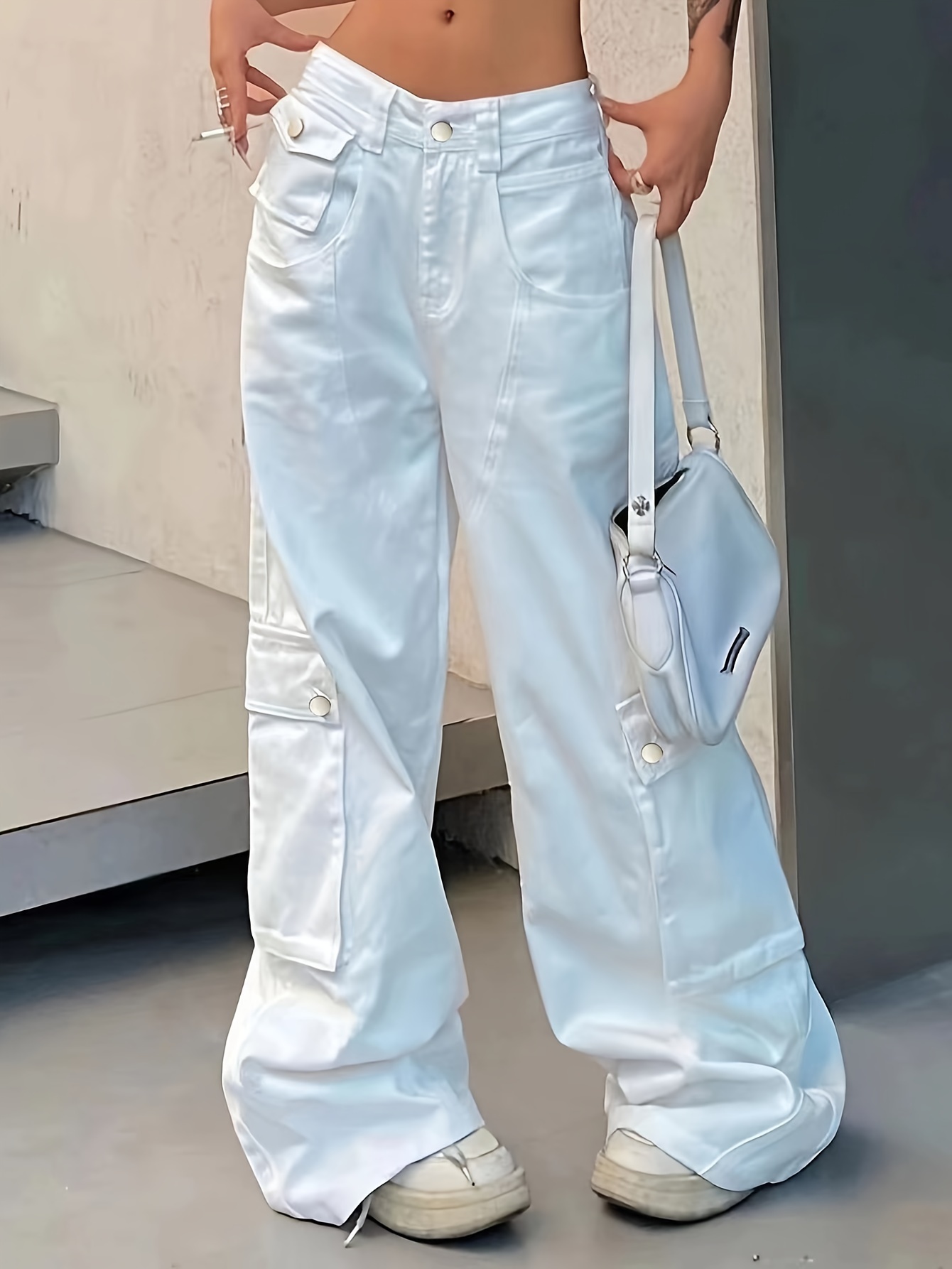 High Waist Wide Leg Baggy Y2k Cargo Pants Pockets Solid - Temu