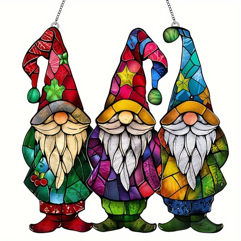 

Festive Stained Glass Gnome Window Hangers: 3 Gnomes, 20cm/8in, Waterproof, Scratch & Chemical Resistant, No Burring Edges, Christmas Decor