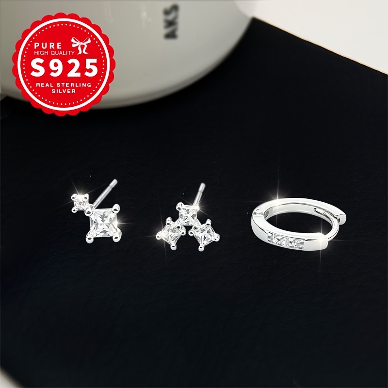 Ladies' S925 Silver Three-Piece Single-Sided Earrings, Trendy Design