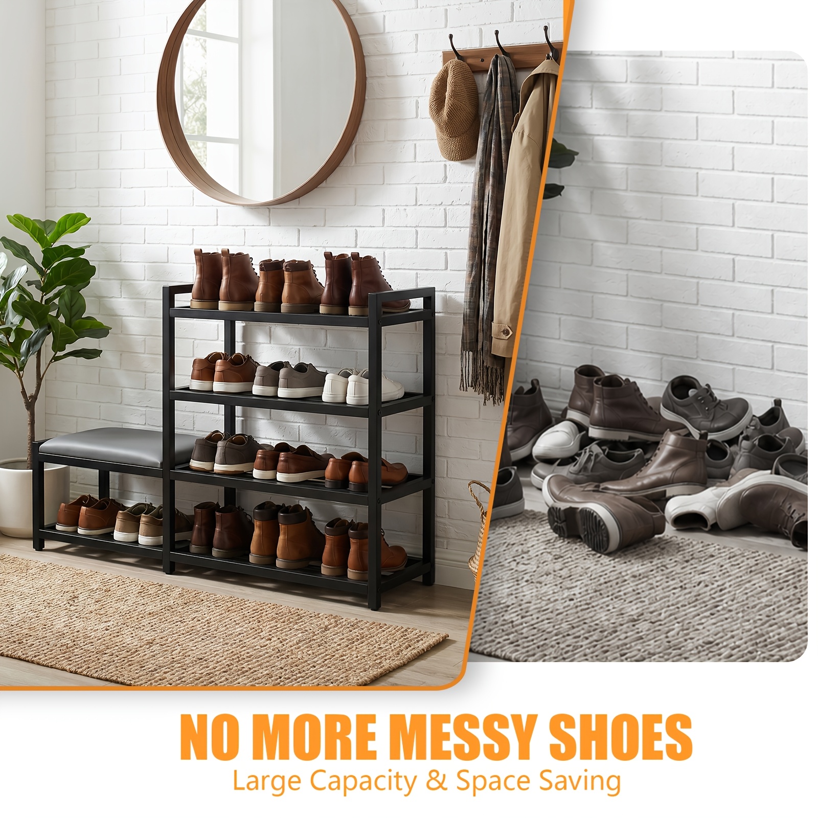 Shoe Storage Bench, 4-Tier Large Capacity Shoe Rack with Comfortable Seat, Industrial Shoe Organizer for Entryway, Black Metal Shoe Shelf Bench for Home Organization