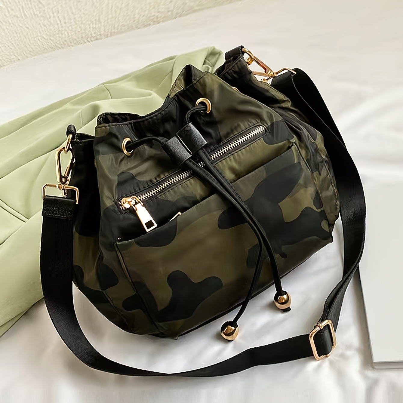 

Petit Sac À Bandoulière Seau Simple À Motif De Camouflage, Sac À Main Classique À Cordon De Serrage Pour Femmes