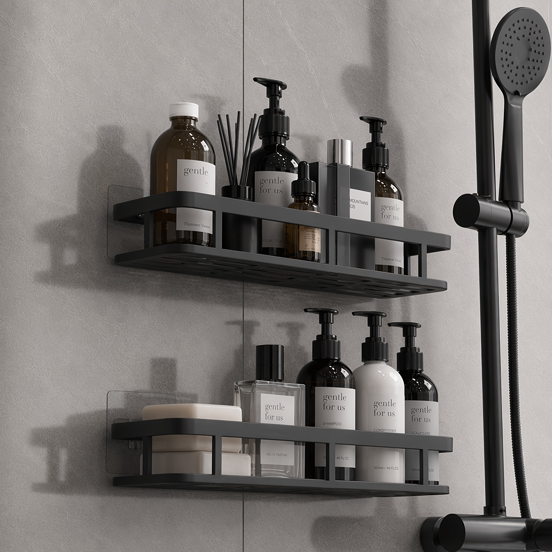 2pcs Black Wall Mounted Storage Shelf, Heavy Duty Plastic No Drill Organizer Rack With , Corner Shelf For Bathroom Rack