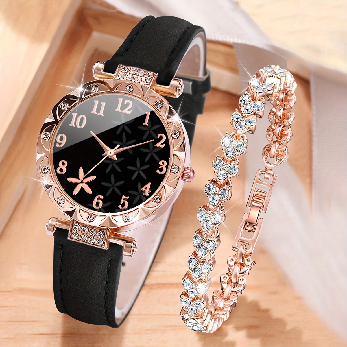 

2pcs/set Women's Flower Rhinestone Fashion Quartz Watch Analog Pu Leather Wrist Watch & Bracelet, Gift For Mom Her