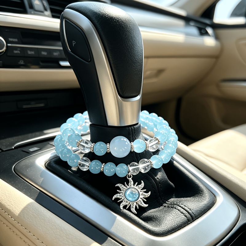 TEMU Luxury Blue Cat Eye Crystal Bead Car Gear Shift Decor, Sparkling Sun Charm Car Rear View Mirror Hanging Pendant, Auto Interior Decoration