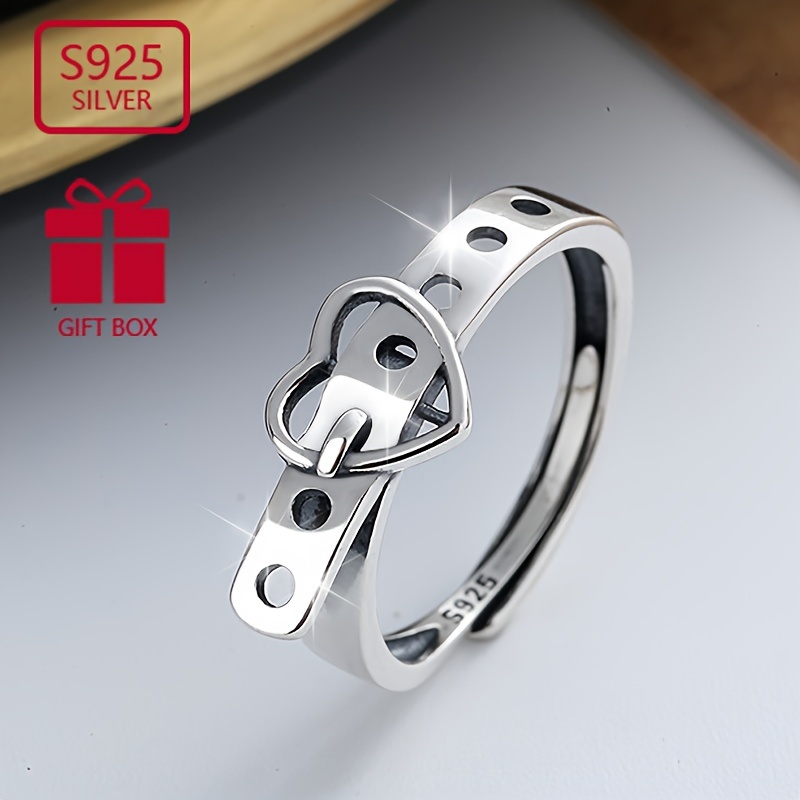 

925 Sterling Silver Ring Retro Heart Belt Design Suitable For Men And Women Match Daily Outfits Party Decor High Quality Adjustable Ring