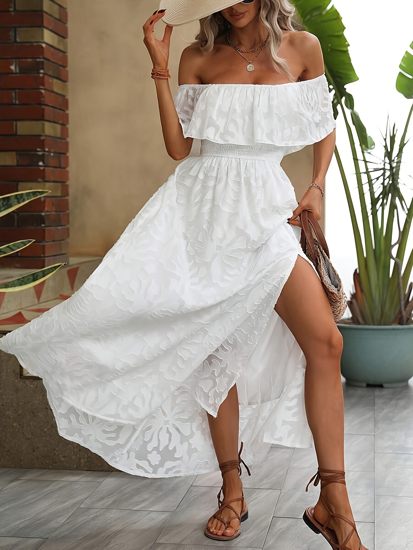 white off the shoulder flowy dress Long A-line Off the Shoulder White Wedding Dress with Split – FancyVestido main image 0