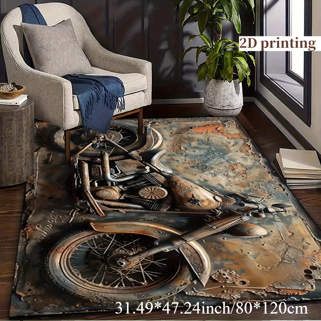 TEMU 2d Printed Vintage Motorcycle Pattern Rug - Soft Non-slip Base, Ideal For Living Room, Bedroom, Dormitory Indoor Decor, Machine Washable Mat