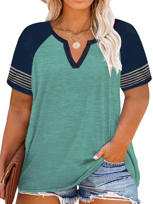 plus size color block striped t shirt casual short sleeve notched neck top for spring summer womens plus size clothing