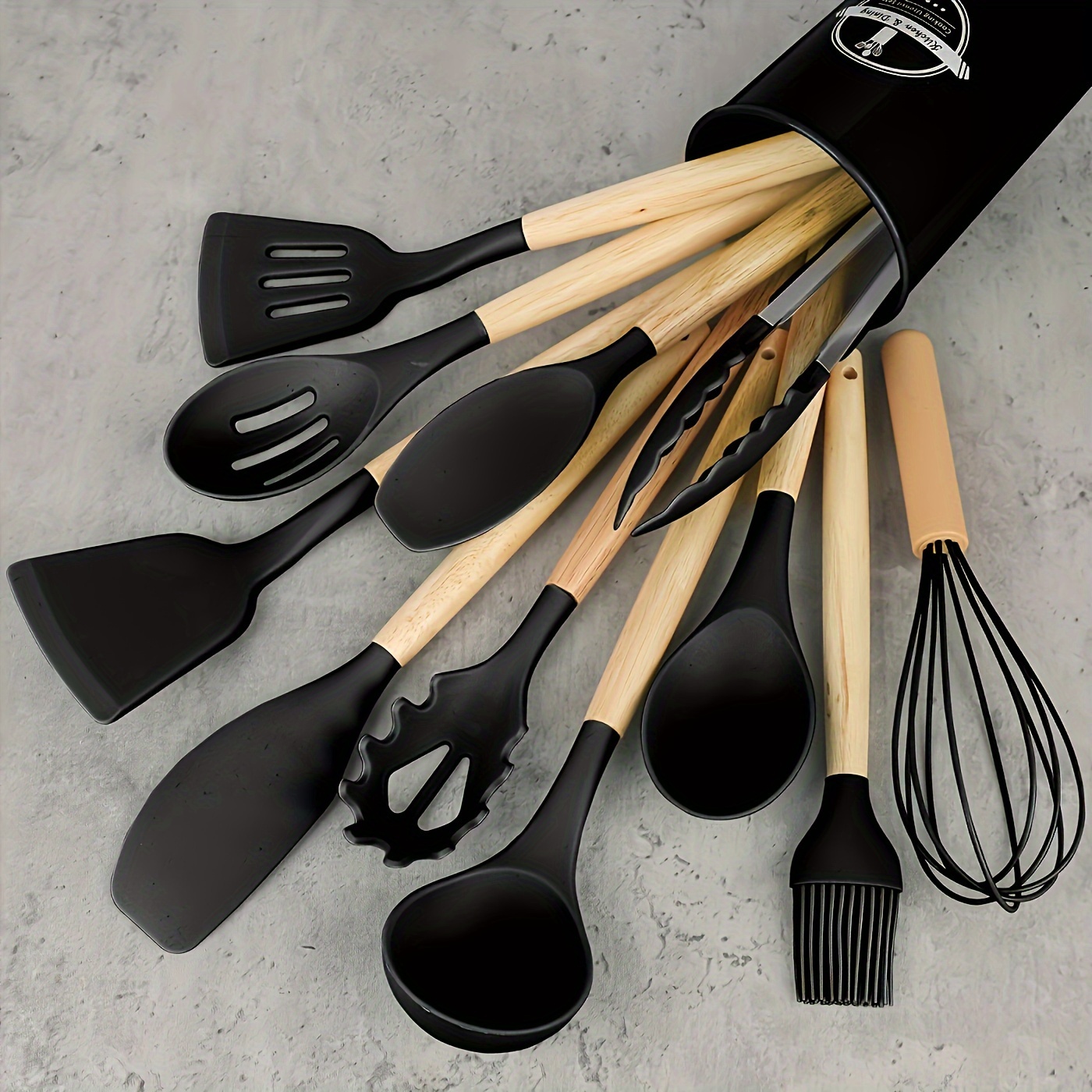 

12pcs Silicone Kitchen Utensil Set With Wooden Handles, , Safe And Hygienic For Home, Dorm, And Restaurant Use - Includes Stand, Silicone Cooking Utensils