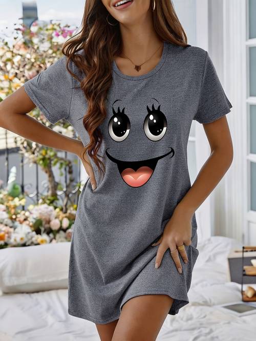 womens fashionable cartoon cute print simple casual short sleeve t shirt nightgown loungewear pajamas