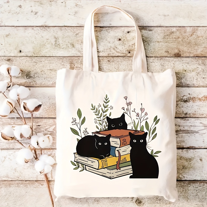 

Chic Black Cat & Floral Canvas Tote Bag - Reusable Grocery Shopper, Multi-functional Double-sided Print, & Fashion Enthusiasts, Best For Christmas