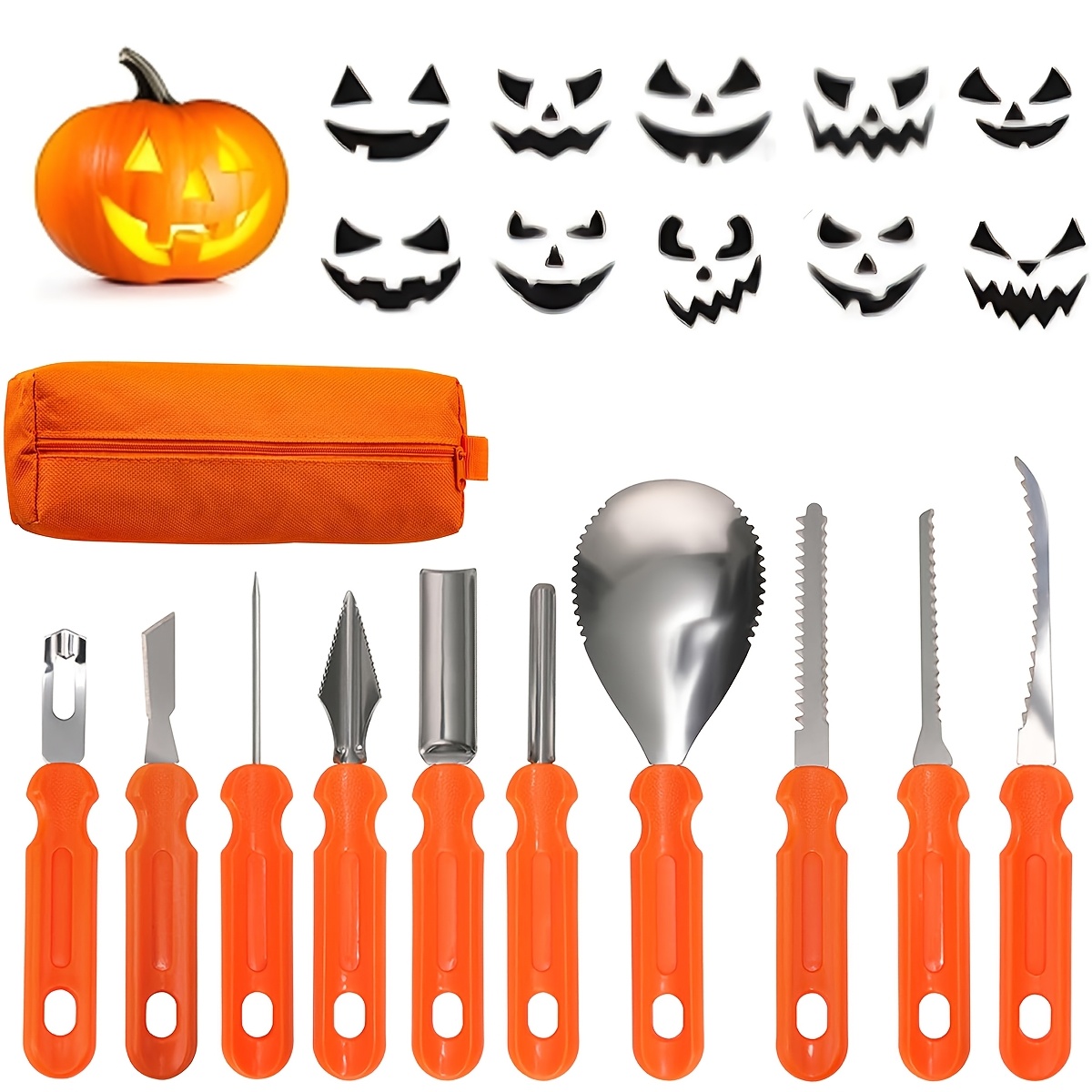 TEMU 11pcs Halloween Pumpkin Carving Kit, Heavy Duty Stainless Steel Carving Tools Set, Includes 10 Carving Knives, 1 Storage Bag O Lantern Halloween