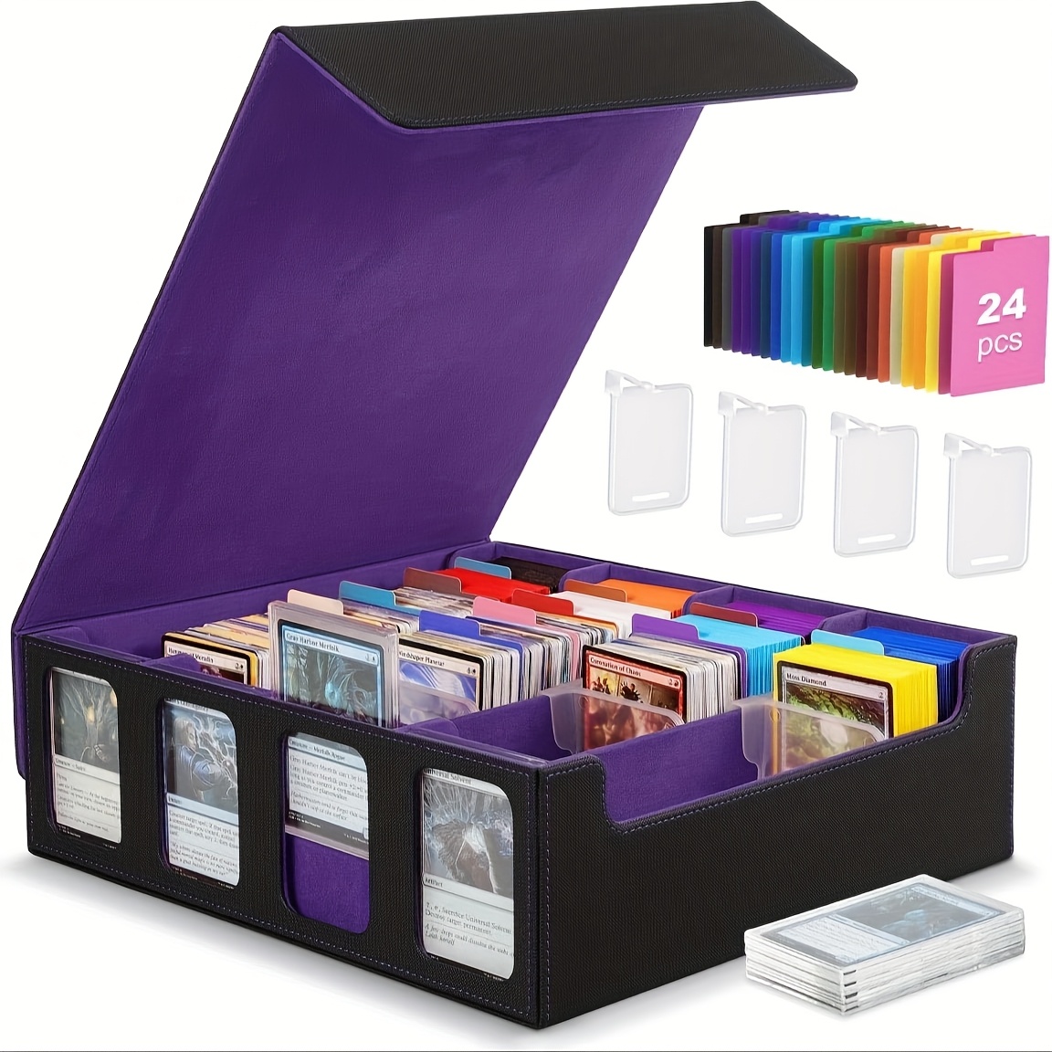 Card Storage Box for Trading Cards, Card Box for 3000+MTG, * with 24 Color Separators and 4 Card Supports and 4 Card Bricks, * Card Box with Display Window, Suitable for * Cards, *