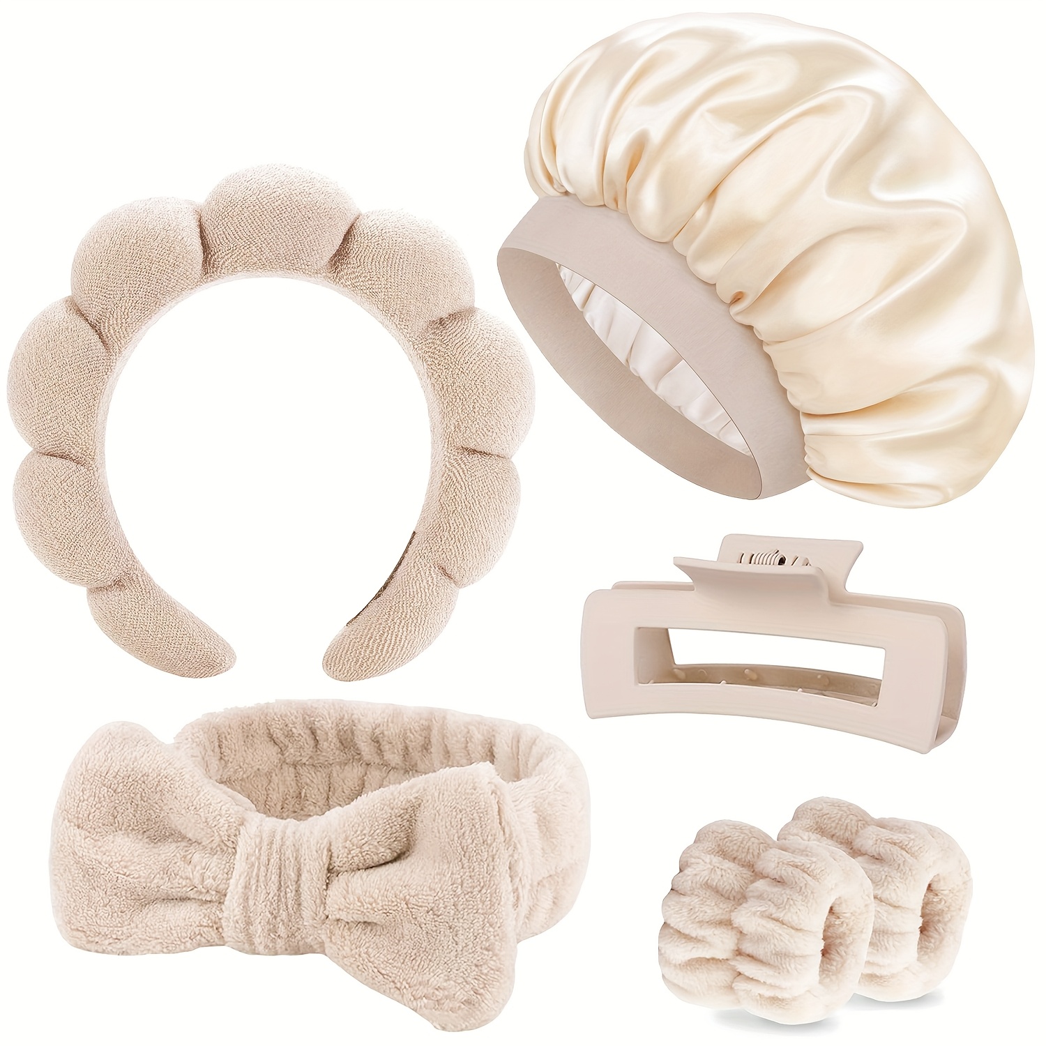 Image of 6pcs Satin Bonnet For Sleeping And Spa Headband Set, Soft Microfiber Skincare Hairband With Bow, Color Wide Band Hairs Bonnet For Sleeping Wristbands With Hair Claw Clip For Women Men