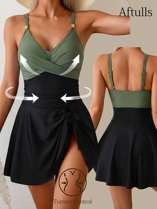 womens fashionable one piece swimsuit sexy v neck with adjustable waist and double shoulder straps skirt style swimsuit one piece beach style