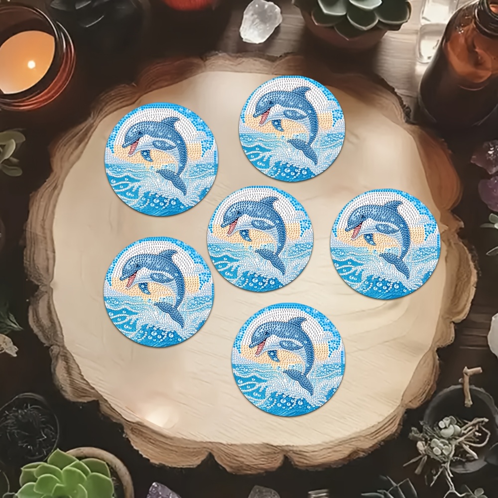 TEMU 6pcs, Dolphin Rhinestone Painting Coasters, Themed Exquisite Coasters, Wooden Heat-resistant Mats, Wooden Tea And Coffee Pads, Suitable For