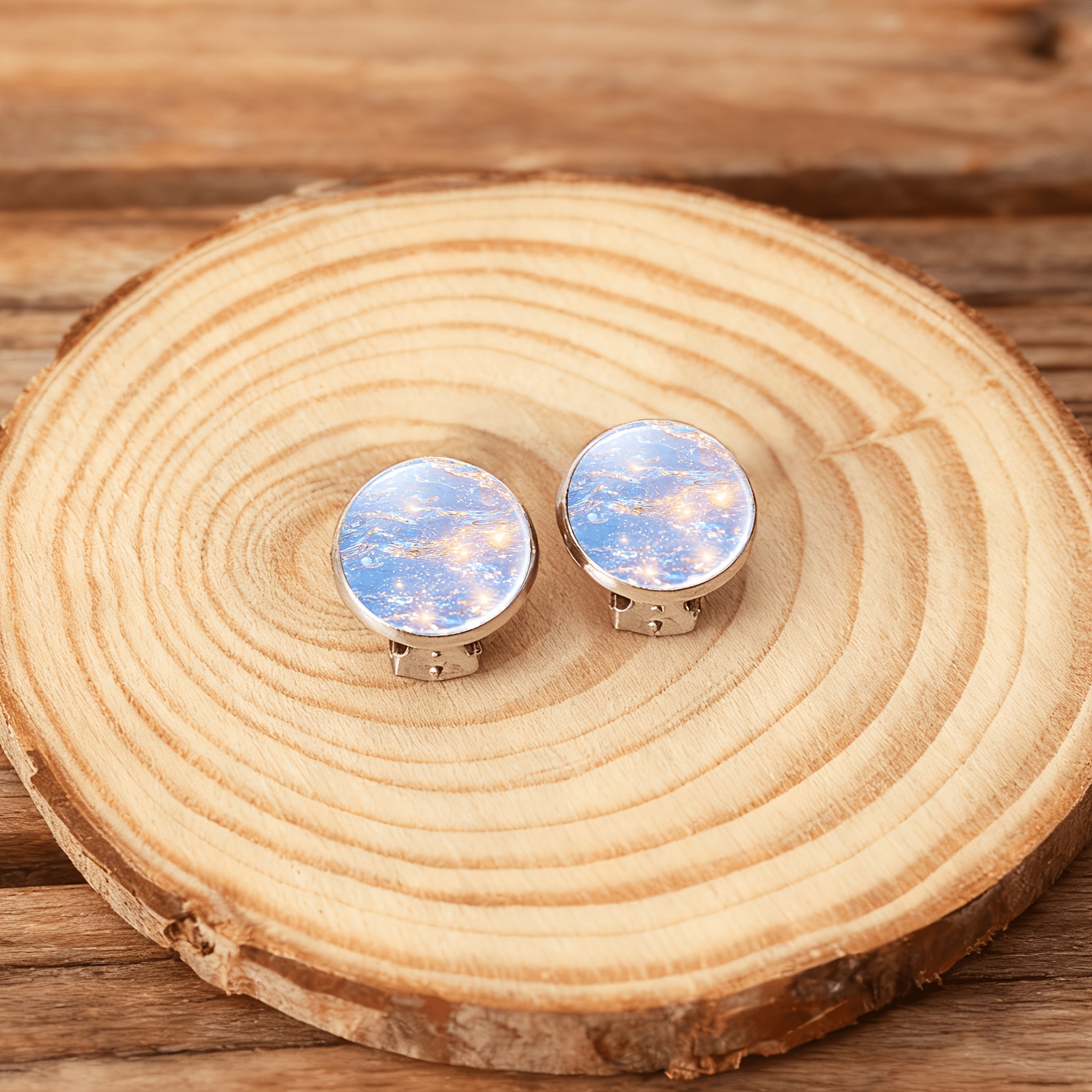 2pcs No-Piercing Round Glass Face Earrings Set, Colorful Shimmering Design