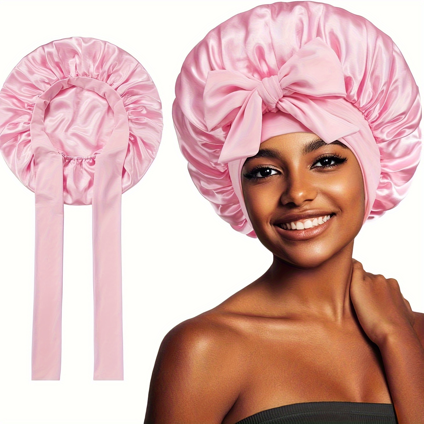 

Silk Satin Lined Bonnets With Long Ties, Fashion Satin Sleep Bonnet Adjustable Straps Satin Lined Hair Bonnet With Tie