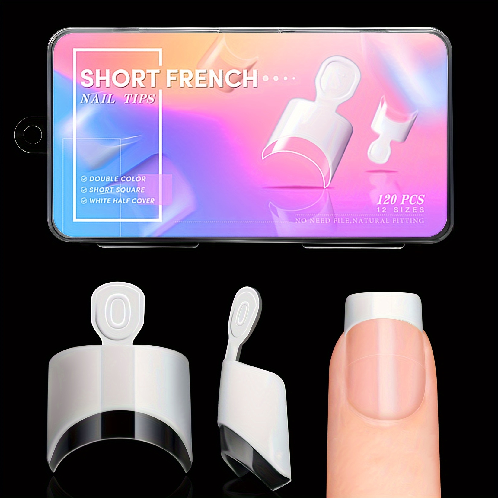 

120 Pcs Short French Nail Tips, Square Shape, Glossy Pure Color Finish With Thick Top & Thin Edge Bottom, Clear & White Half Cover Artificial Nails With Handles, 12 Sizes