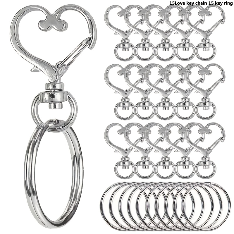 Image of 15 Sets (includes 15 Keychains And 15 Key Rings) Heart-shaped Swivel Snap Hook With Key Ring - Metal Spring Clasp Suitable For Diy Crafts, Jewelry, Lanyards, And Ornaments - Lobster Clasp Split Ring