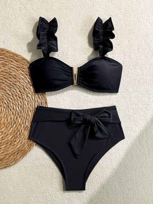 new womens bikini two piece set with shoulder straps pleated ruffle edges large bow decoration beach wear swimsuit