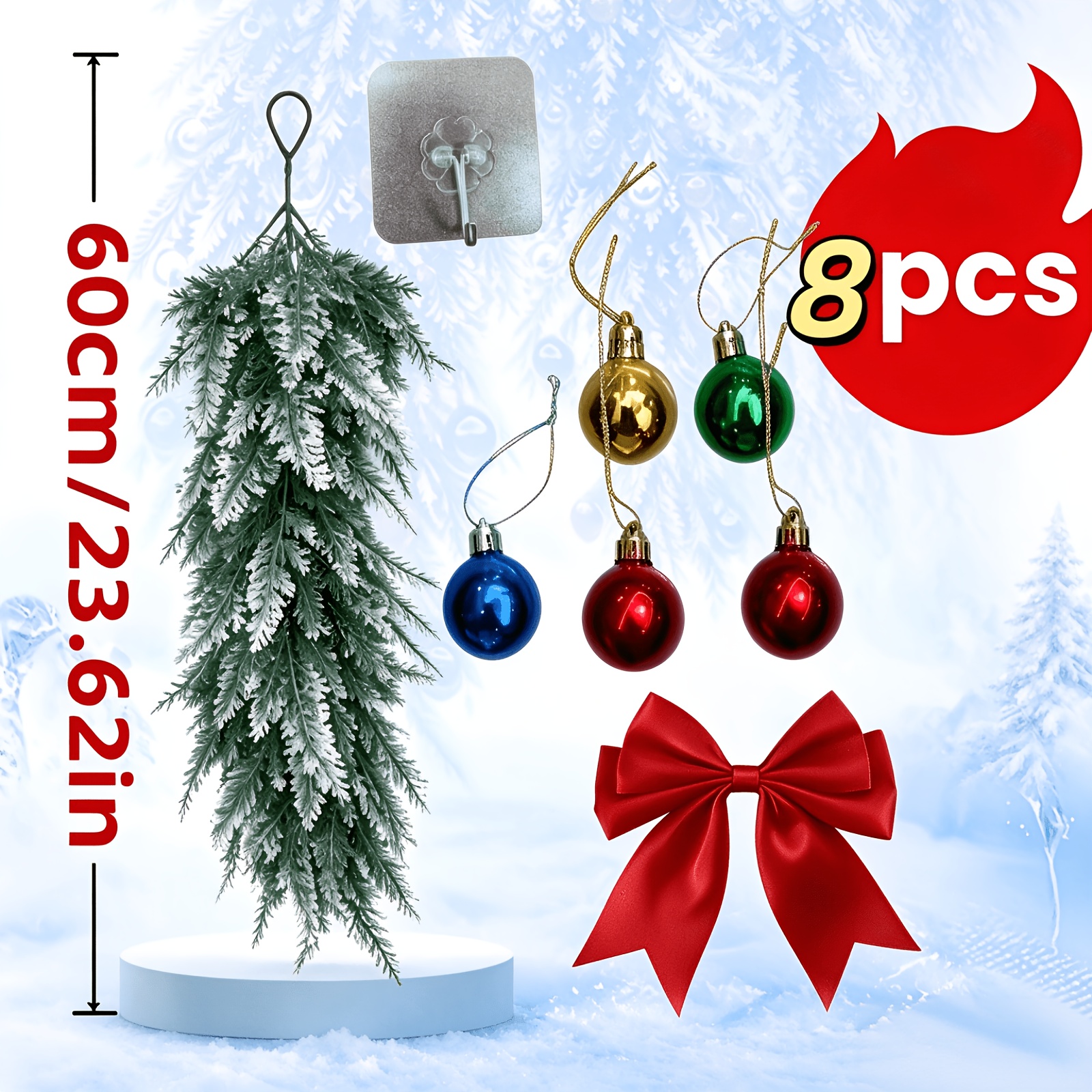TEMU Ensemble de 8 pièces de décoration de luxe à suspendre avec pinces adhésives - Pin de Norfolk artificiel de Noël avec nœuds rouges + boules