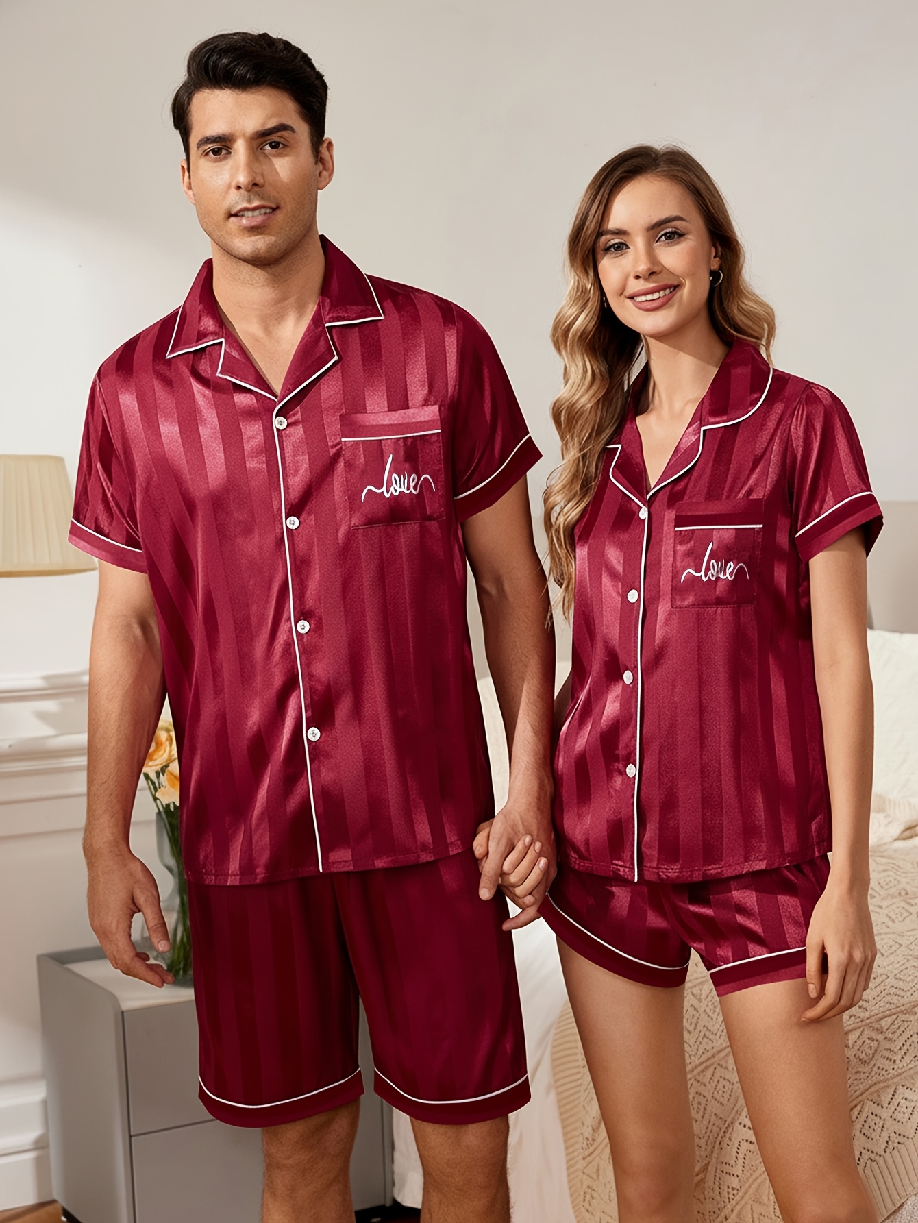 [MEN/WOMEN] Couple Style Valentine's Day Men's or Women's Short Sleeve Top + Shorts Striped Embroidered Love Pattern Pajama Set, Button Y Cardigan Single Set