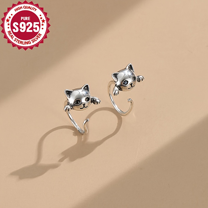 

Cute Gothic Cat Hoop Earrings 925 Sterling Silver With Zirconia Nickel-free Lightweight Animal Studs For Daily And Banquet Wear, Independence Day Gift, Fits All Seasons - 4g