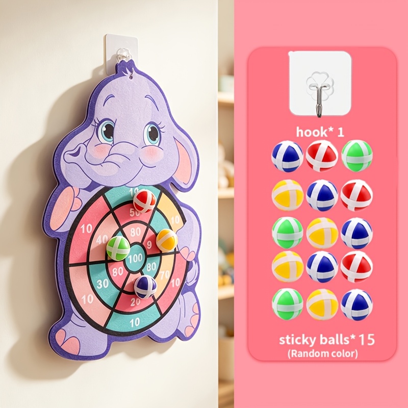 TEMU 16pcs (15 Balls +1 Board) Elephant Sticky Ball Dart Board Toy | Non-electronic Soft Head, Flannel Material, Ideal For And Indoor/outdoor ,