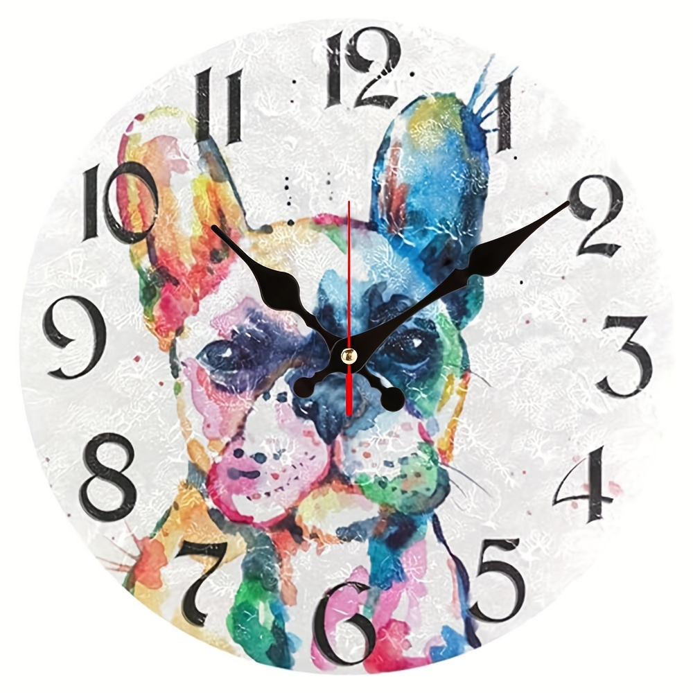 

1pc Cute Dog Animal Round Wall Clock, Watercolor Colorful French Bulldog Silent Non-ticking Wall Clocks Battery Operated For Home Office School Decor Aa Battery (not Included)