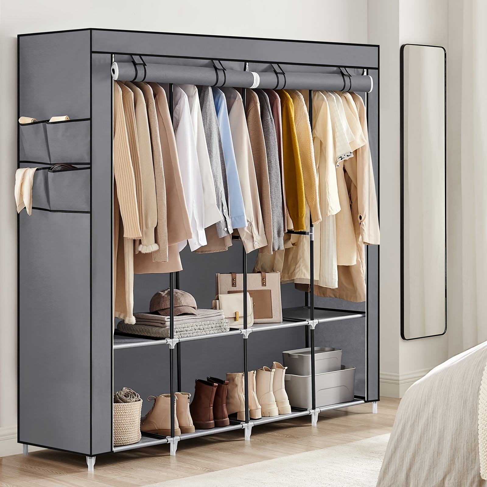 Image of Fabric Wardrobe, Clothing Cabinet, 45 X 170 X 167 Cm, 4 Hanging Shelves, With Compartments, 4 Side Pockets, Space, For Bedroom, Living Room, Portable Closets