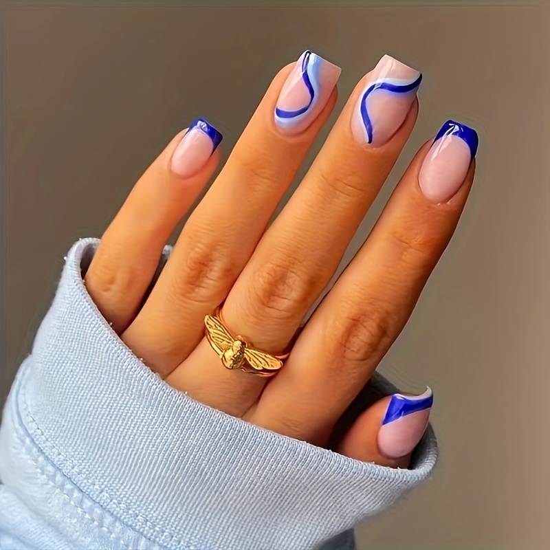 TEMU 24pcs -on Nails Short Square Glossy False Nails - Ombre Pink To Navy French Manicure Design, Reusable Fake Nails For , Beauty , Elegant Nail Art, Decorative Pressons