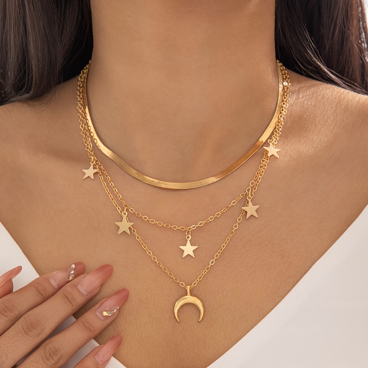 Image of 1pc Minimalist Metal Chain Star Moon Pendant Necklace Women Suitable For Middle East Ramadan Activities Prom Party Gathering Gift For