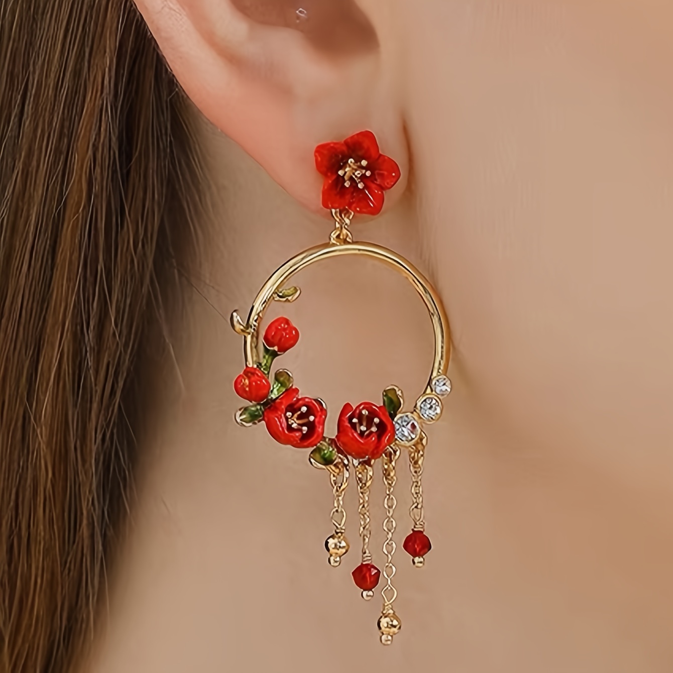 E-shop Ein Paar elegante süße rote Emaille-Blumen-Ohrringe mit Quasten für Damen, geeignet für Feiertage, Geburtstage, Dates, Tänze, , Hochzeiten,