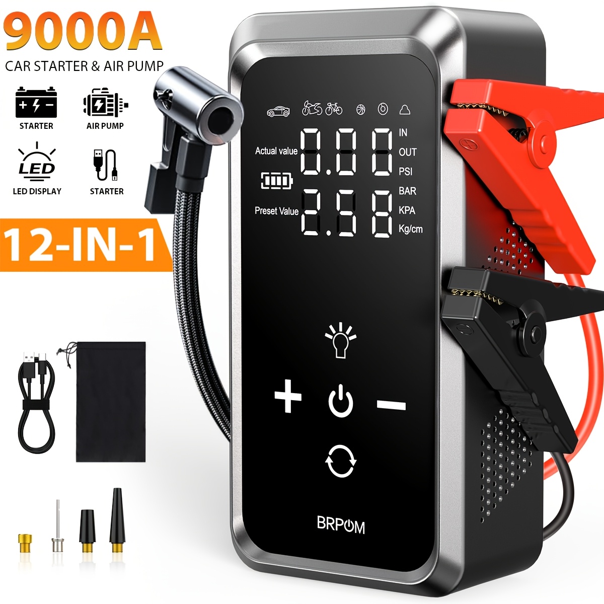 BRPOM Brezžični Avtomobilski Zaganjalnik z Kompresorjem za Napihovanje, 12V Power Bank Paket z LED Svetilko (Do 12.0L Bencin in 10.0L Dizel)