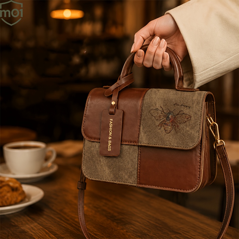TEMU 1pc Women's Handbag Pattern Print Featuring A Vintage Square Shape Color- Magnetic Closure And Adjustable Shoulder Strap Suitable For Women'