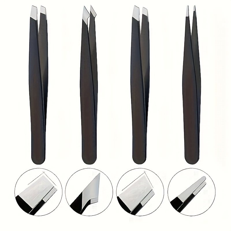 TEMU Black 4pcs Stainless Steel Tweezer Set, Designed For Hair Removal, Beard Trimming, And Eyebrow Shaping, Includes Precision Eyebrow Tweezers And