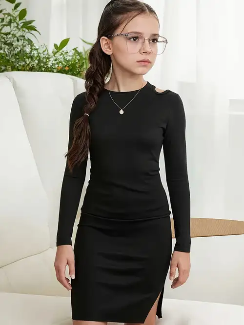 Solid Color Slit Back *-Fit Dress with Round Neck & Long Sleeves - - Machine-Washable Dress for Parties, Weddings, Casual Attire - Soft Stretchy Dress for ( & Little Girl) Solid Color Slit Back *-Fit Dress with Round Neck & Long Sleeves - - Machine-Washable Dress for Parties, Weddings, Casual Attire - Soft Stretchy Dress for ( & Little Girl)