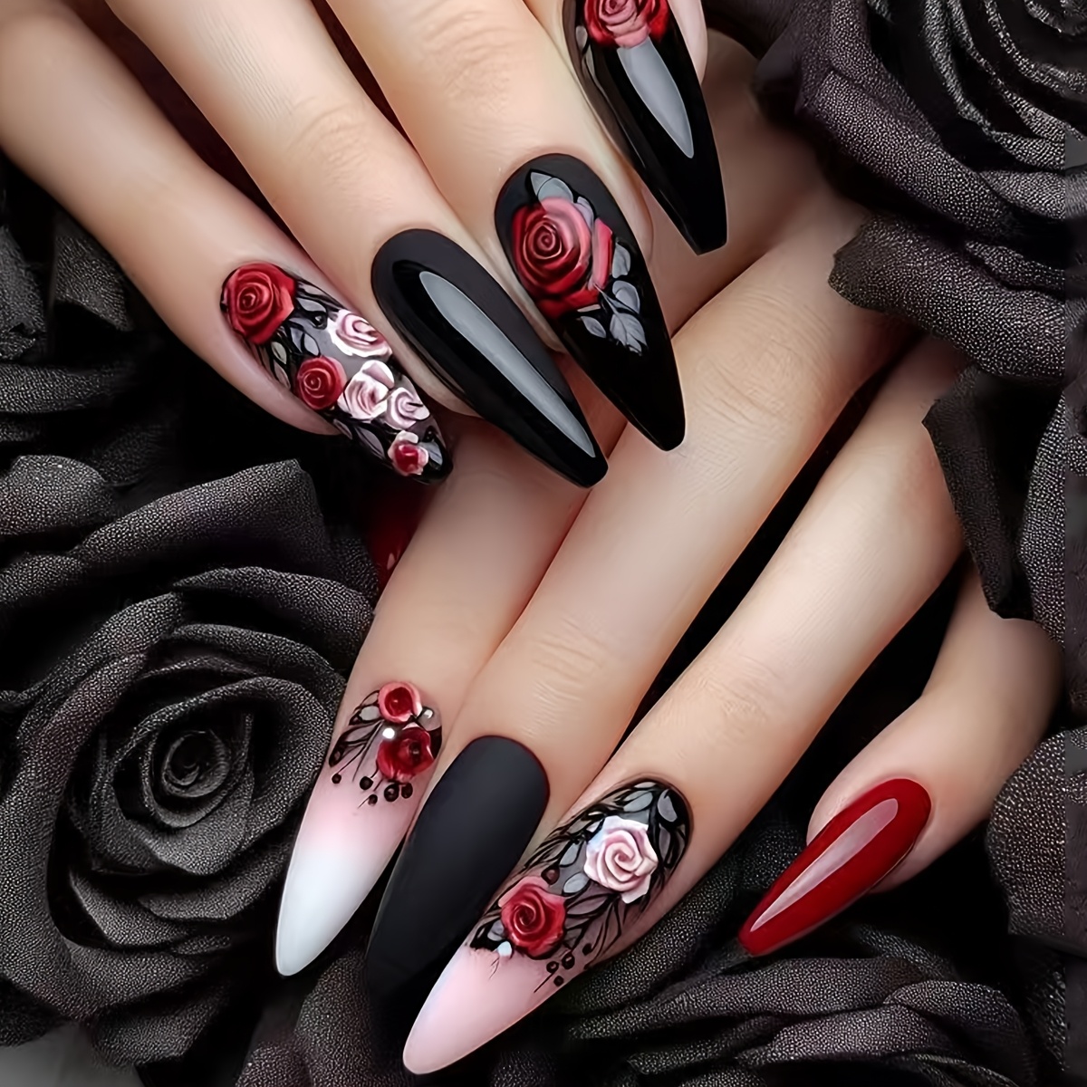 

24pcs Valentine's Day Long -shaped Press-on Nails, Tone, With Flower Gradient Design, For Removable Manicure Set