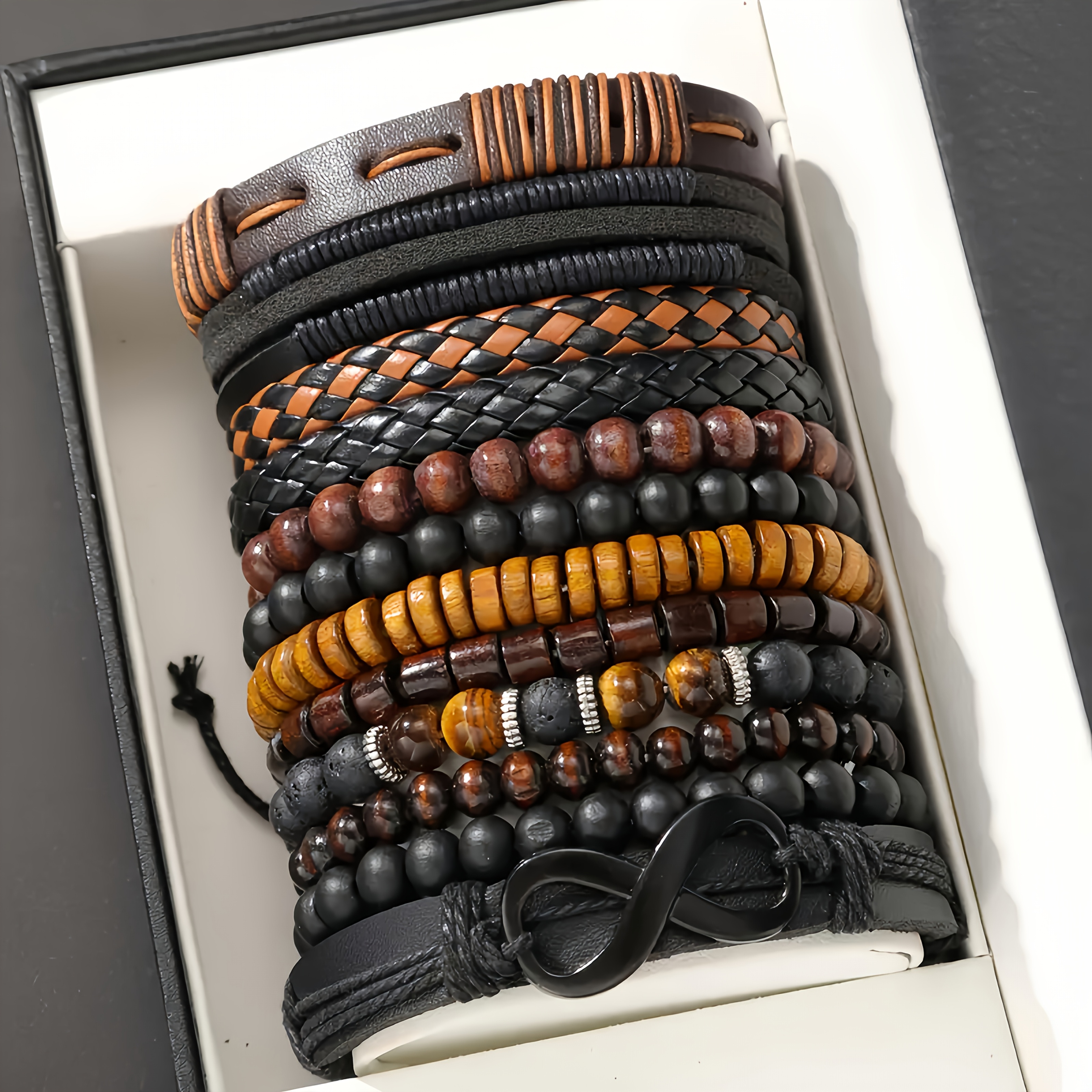 

12pcs Bohemian Men's Bracelet Set - Vintage Woven Leather, Tiger Eye & Beads, Synthetic Fiber Rope - Stylish Accessory For & Parties