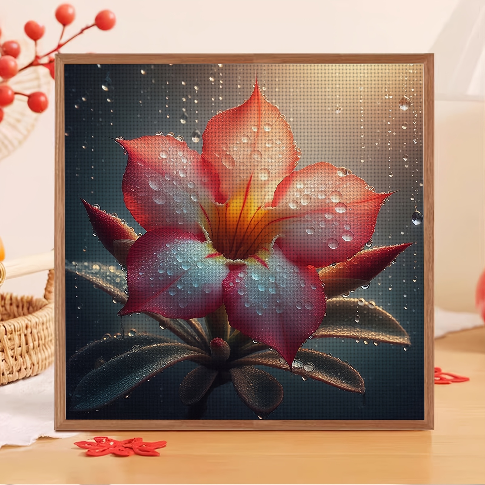 Complete DIY Cross Stitch Kit, Pink Floral with Sparkling Dewdrops