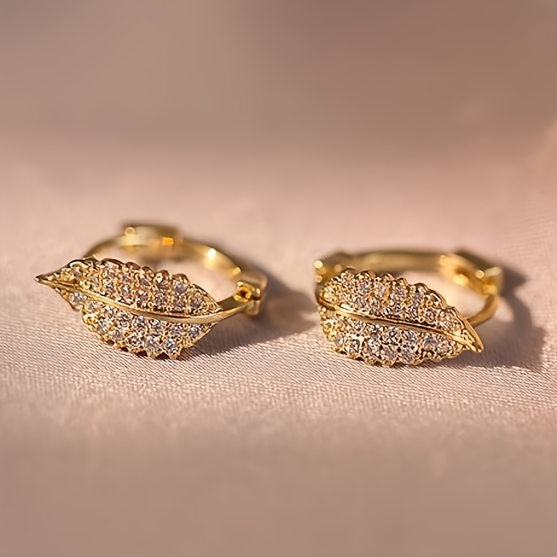 Zirconia Inlaid Leaf Hoop Earrings in Copper