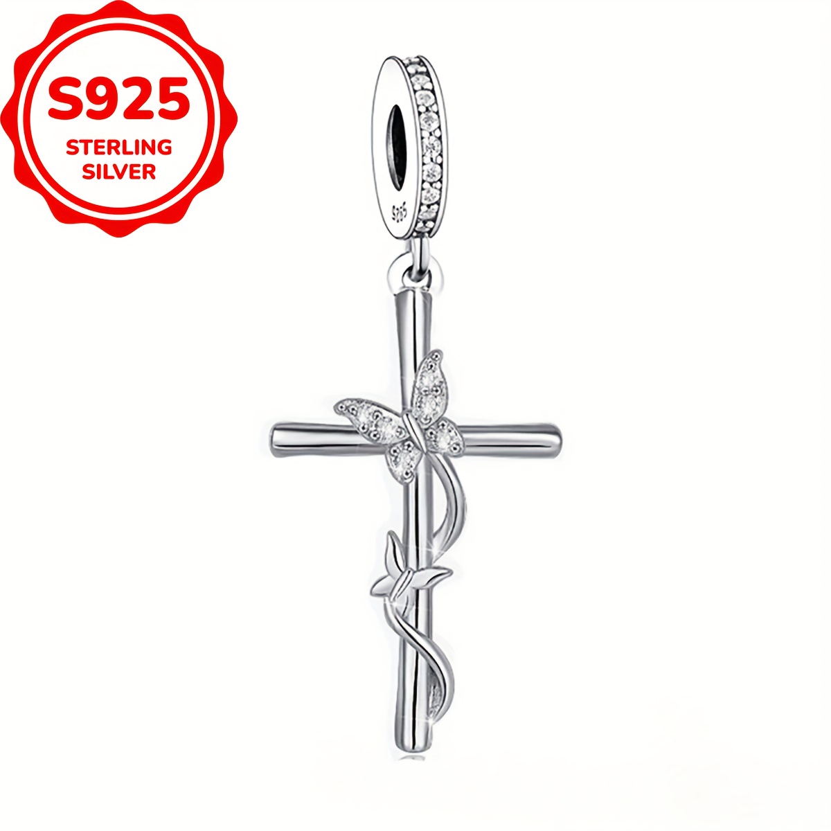 Image of 1pc 925 Sterling Silvery Cross Pendant, Synthetic Synthetic Zircon​ (cubic Synthetic Zircon​) Mosaic, 1.1g Net Weight, For Jewelry Making, Gift, Mother's Day, Father's Day, Easter