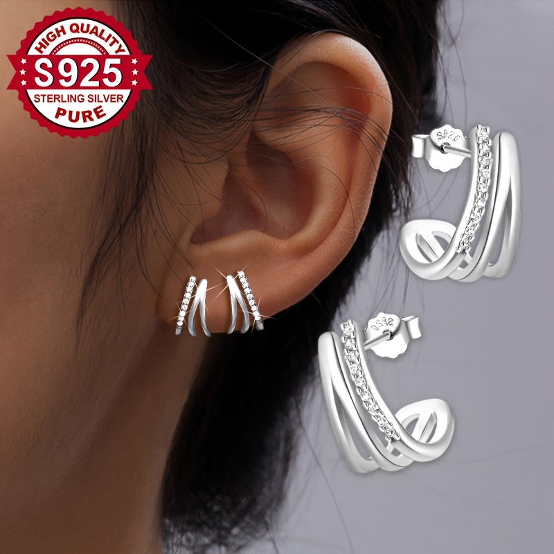 A Pair Of S925 Silver, Women'-claw Synthetic Zirconia Earrings, Elegant And Fashionable Ring Earrings, Suitable For Women' Wear, Banquets, And Festive Celebrations, Gifts For , Hypoallergenic